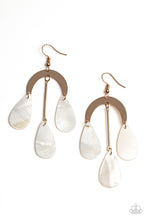 Load image into Gallery viewer, White shell-like teardrops trickle from the bottom of a gold rod and gold half moon frame, creating an ocean inspired chandelier. Earring attaches to a standard fishhook fitting.
