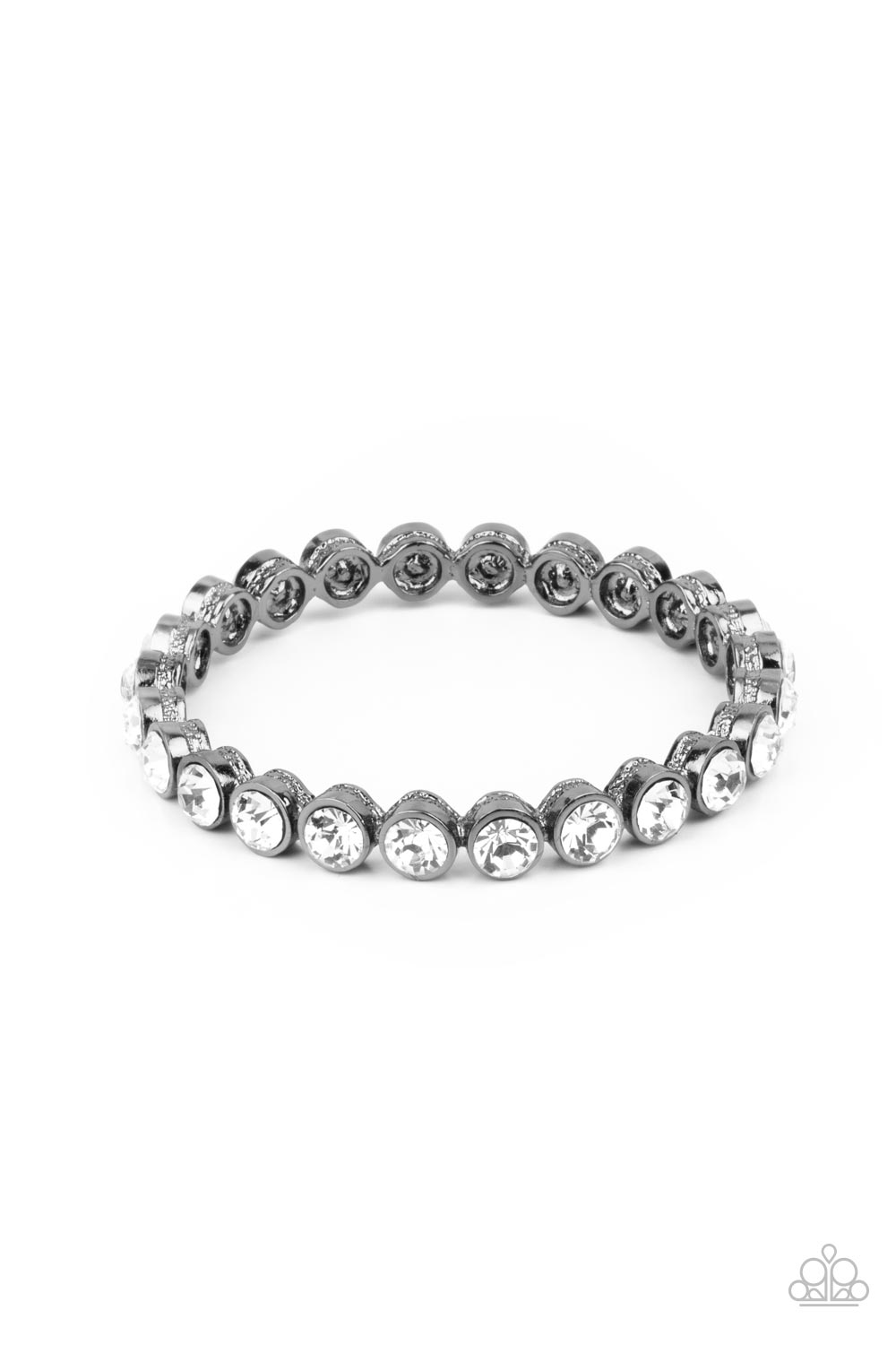 Encased in stacked gunmetal frames, a glitzy collection of oversized white rhinestones delicately coalesces into a dramatic bangle around the wrist for a glamorous look.