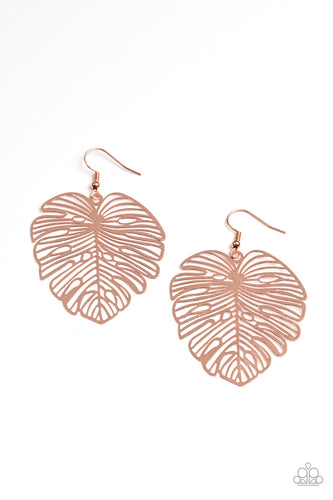 A stenciled shiny copper palm-like leaf delicately swings from the ear, creating a refined seasonal display. Earring attaches to a standard fishhook fitting.