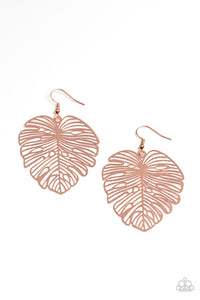 A stenciled shiny copper palm-like leaf delicately swings from the ear, creating a refined seasonal display. Earring attaches to a standard fishhook fitting.