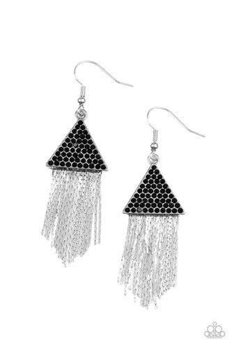 Encrusted in dainty black rhinestones, a silver triangle frame gives way to a tapered fringe of flat silver chains for a smoldering effect. Earring attaches to a standard fishhook fitting. 