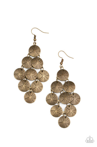 Etched in linear textures, star stamped brass discs cascade from a netted backdrop, creating a noisemaking lure. Earring attaches to a standard fishhook fitting.