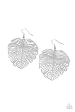 Load image into Gallery viewer, A stenciled silver palm-like leaf delicately swings from the ear, creating a refined seasonal display. Earring attaches to a standard fishhook fitting.
