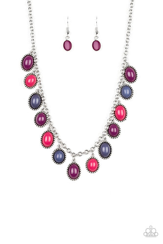 Infused with studded silver frames, round and oval multicolored beads swing from a shimmery silver chain, creating a vivacious fringe below the collar. Features an adjustable clasp closure.