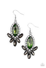 Load image into Gallery viewer, A fan of smoky marquise cut rhinestones flares out from the bottom of an oversized green marquise cut rhinestone that is bordered in dainty white rhinestones, resulting in a dramatically dazzling display. Earring attaches to a standard fishhook fitting.

