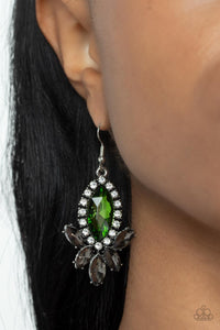 A fan of smoky marquise cut rhinestones flares out from the bottom of an oversized green marquise cut rhinestone that is bordered in dainty white rhinestones, resulting in a dramatically dazzling display. Earring attaches to a standard fishhook fitting.