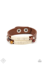 Load image into Gallery viewer, Layered brown leather bands are wrapped with natural creme-colored cording and adorned at each end with an earthy multicolored stone and dainty silver accents, resulting in a rustic homespun finish as it wraps around the wrist. Features an adjustable snap closure.  Sold as one individual bracelet.
