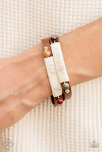 Load image into Gallery viewer, Layered brown leather bands are wrapped with natural creme-colored cording and adorned at each end with an earthy multicolored stone and dainty silver accents, resulting in a rustic homespun finish as it wraps around the wrist. Features an adjustable snap closure.  Sold as one individual bracelet.
