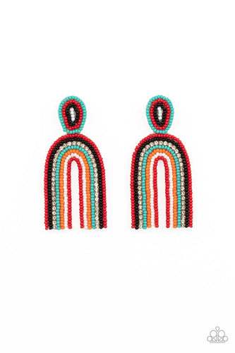 Infused with a single row of glassy white rhinestones, dainty strands of red, black, turquoise, orange, white, and red seed beads stack into a colorful rainbow at the bottom of a matching seed beaded fitting. Earring attaches to a standard post fitting. 