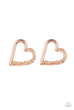 Load image into Gallery viewer, One side of a shiny copper heart frame is subtlety twisted with twinkly texture, creating a romantic display. Earring attaches to a standard post fitting.
