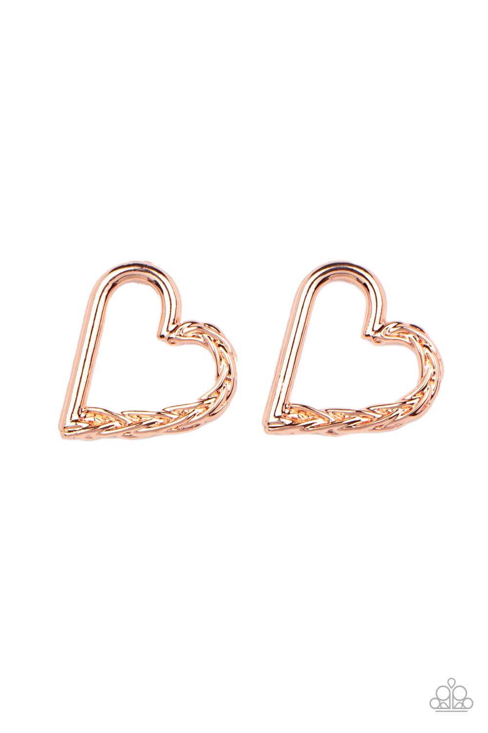 One side of a shiny copper heart frame is subtlety twisted with twinkly texture, creating a romantic display. Earring attaches to a standard post fitting.