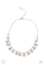 Load image into Gallery viewer, A dainty strand of glittery white rhinestones encircle solitaire iridescent rhinestones around the neck, creating a glitzy fringe. Features an adjustable clasp closure.
