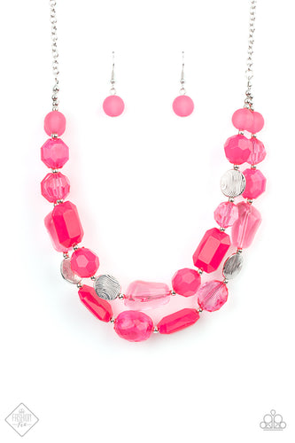 Varying in shape and opacity, a vibrant collection of faceted and smooth Raspberry Sorbet beads join textured silver discs and dainty silver beads along two thin wires, layering into a flamboyant pop of color below the collar. Features an adjustable clasp closure.  Sold as one individual necklace. Includes one pair of matching earrings.