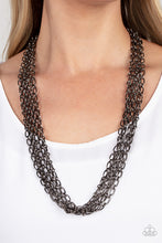 Load image into Gallery viewer, Layer after layer of edgy gunmetal chains drape across the chest, creating an intense industrial display. Features an adjustable clasp closure.
