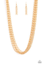 Load image into Gallery viewer, Layer after layer of edgy gold chains drape across the chest, creating an intense industrial display. Features an adjustable clasp closure.

