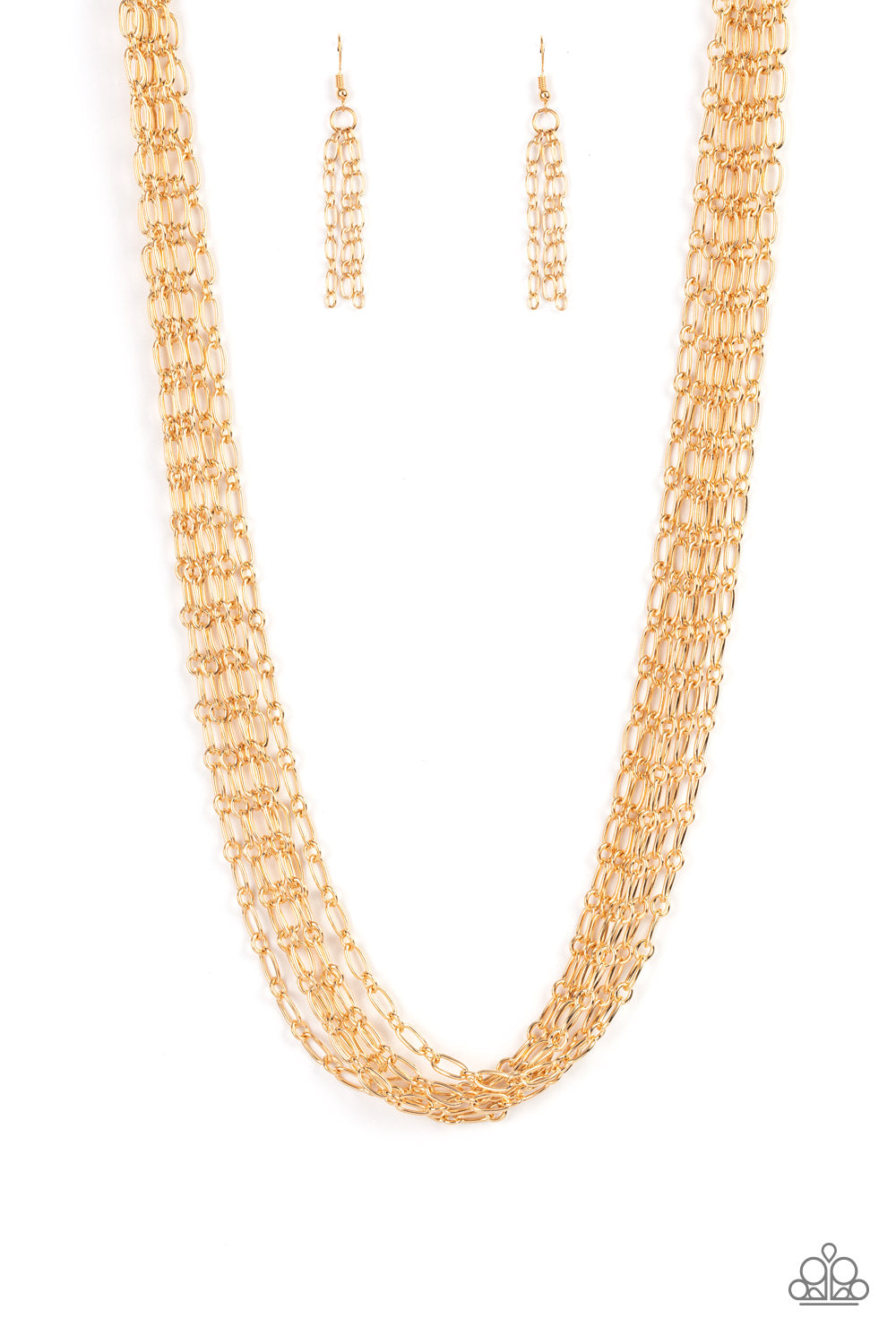 Layer after layer of edgy gold chains drape across the chest, creating an intense industrial display. Features an adjustable clasp closure.