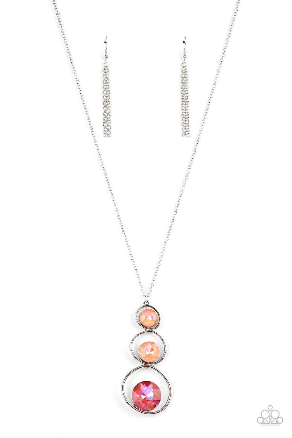A sparkly ombré of opalescent coral gems adorn the bottoms of three silver hoops that gradually increase in size as they stack into an asymmetrical pendant. The glowing pendant swings from the bottom of a lengthened silver chain, creating a stellar centerpiece. Features an adjustable clasp closure.