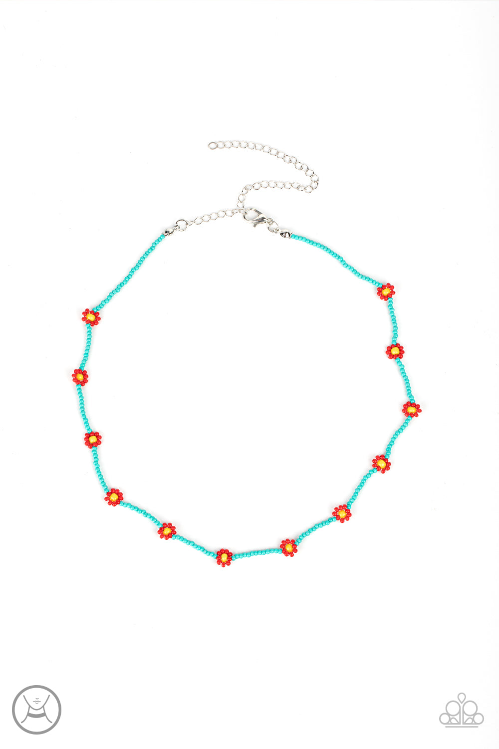 A dainty strand of turquoise seed beads is dotted with red and yellow beaded floral frames, creating a flirtatious floral look around the neck. Features an adjustable clasp closure. 