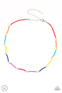 A dainty strand of multicolored seed beads is dotted with yellow and white beaded floral frames, creating a flirtatious floral look around the neck. Features an adjustable clasp closure.