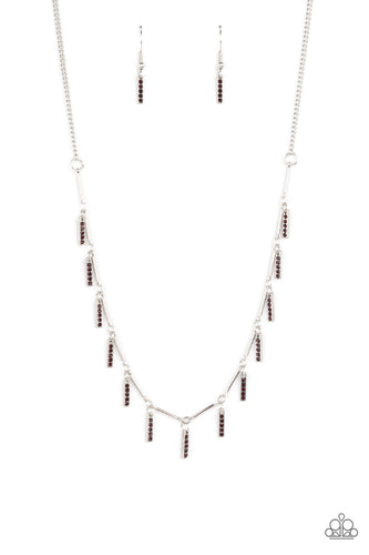 Dotted in stacks of glittery purple rhinestones, dainty silver rectangular frames drip between shiny silver bars along the collar, creating a dainty fringe. Features an adjustable clasp closure.  Sold as one individual necklace. Includes one pair of matching earrings.