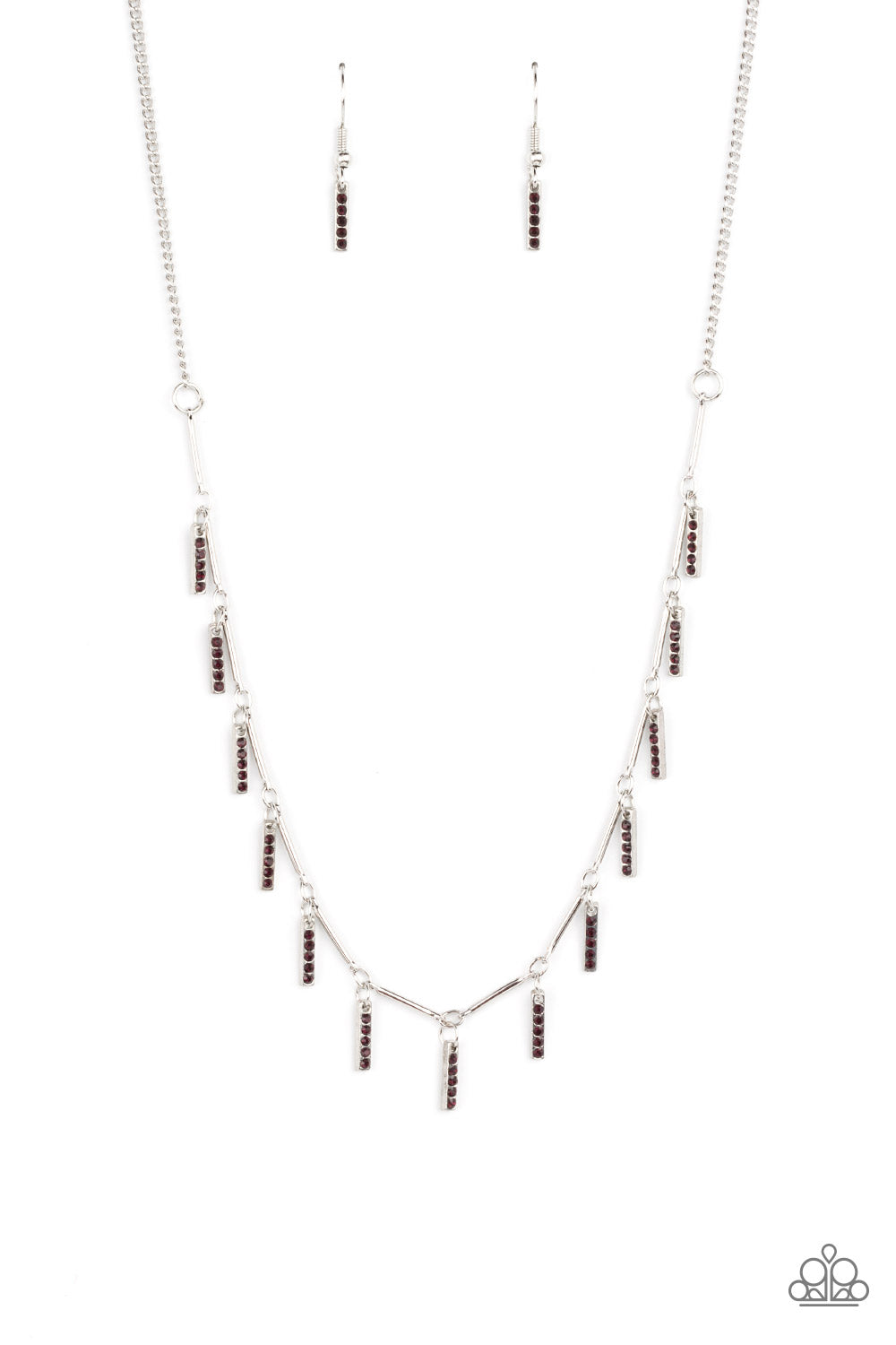 Dotted in stacks of glittery purple rhinestones, dainty silver rectangular frames drip between shiny silver bars along the collar, creating a dainty fringe. Features an adjustable clasp closure.  Sold as one individual necklace. Includes one pair of matching earrings.