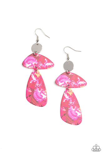 Painted in abstract pink details, a pair of asymmetrical frames swing from the bottom of a dainty silver disc for an artsy look. Earring attaches to a standard fishhook fitting.