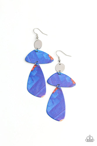 Painted in abstract blue details, a pair of asymmetrical frames swing form the bottom of a dainty silver disc for an artsy look. Earring attaches to a standard fishhook fitting.