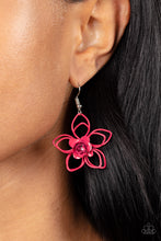 Load image into Gallery viewer, A dainty Fuchsia Fedora rosebud blooms from the center of a layered Fuchsia Fedora wire flower, creating a colorful floral frame. Earring attaches to a standard fishhook fitting
