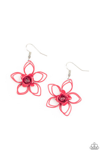 A dainty Fuchsia Fedora rosebud blooms from the center of a layered Fuchsia Fedora wire flower, creating a colorful floral frame. Earring attaches to a standard fishhook fitting