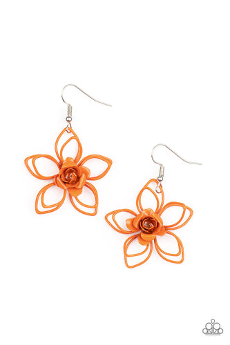 A dainty orange rosebud blooms from the center of a layered orange wire flower, creating a colorful floral frame. Earring attaches to a standard fishhook fitting.