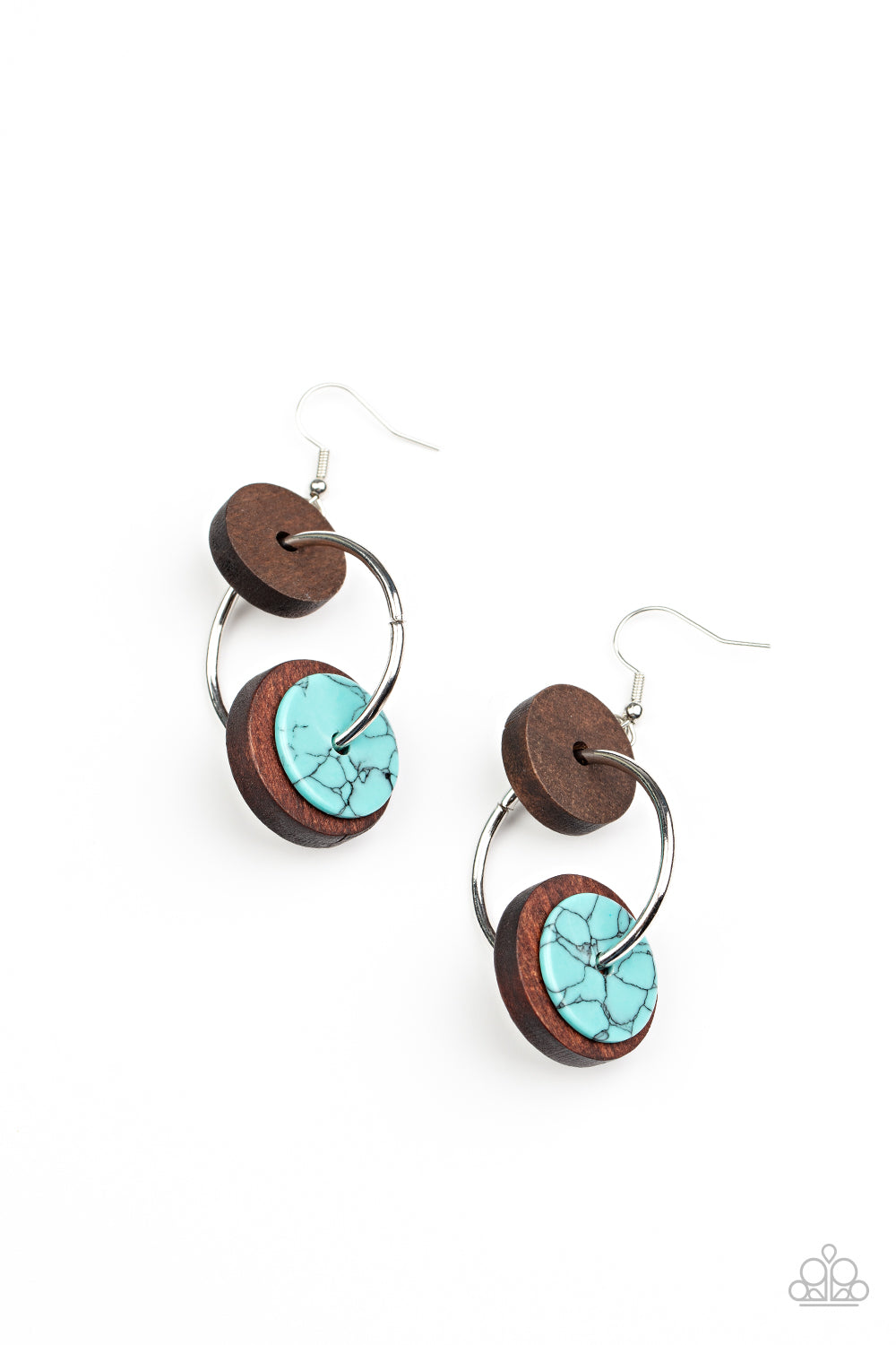 An earthy collection of brown wood and turquoise stone discs are threaded along a silver hoop, linking into a trendy lure for an artisan inspired fashion. Earring attaches to a standard fishhook fitting. 