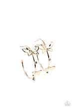 Load image into Gallery viewer, A pair of dainty gold butterflies flutter atop a glistening gold hoop dotted with dainty white rhinestones, creating a whimsical sight. Earring attaches to a standard post fitting. Hoop measures approximately 1 1/2&quot; in diameter.
