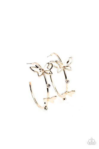 A pair of dainty gold butterflies flutter atop a glistening gold hoop dotted with dainty white rhinestones, creating a whimsical sight. Earring attaches to a standard post fitting. Hoop measures approximately 1 1/2