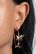 Load image into Gallery viewer, A pair of dainty gold butterflies flutter atop a glistening gold hoop dotted with dainty white rhinestones, creating a whimsical sight. Earring attaches to a standard post fitting. Hoop measures approximately 1 1/2&quot; in diameter.
