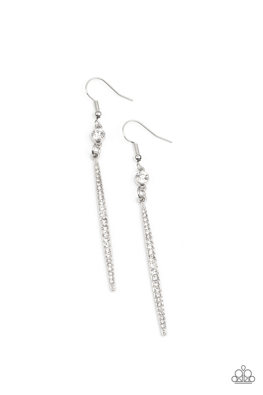 A solitaire white rhinestone gives way to a silver bar encrusted in dazzling white rhinestones, resulting in a glamorous lure. Earring attaches to a standard fishhook fitting.
