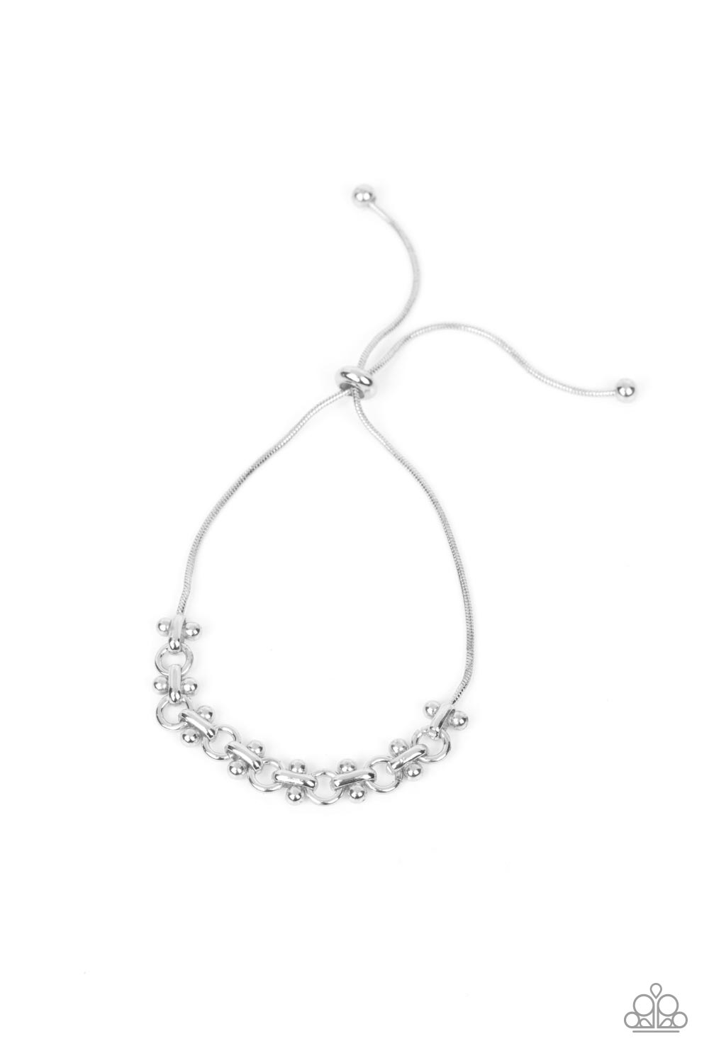 A dainty section of silver beaded fittings and silver links delicately attaches to a rounded silver snake chain around the wrist, creating a sleek metallic shimmer. Features an adjustable sliding bead closure.