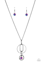 Load image into Gallery viewer, A collection of oval and round gunmetal links, embellished with a faceted oil spill bead suspended inside the bottom most round frame, coalesce into a flirty charm as it sways from the bottom of a lengthened dainty gunmetal chain. Features an adjustable clasp closure.
