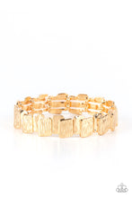 Load image into Gallery viewer, Featuring hammered and linear etched patterns, stacks of shiny gold rectangular frames are threaded along stretchy bands around the wrist for an urban look.
