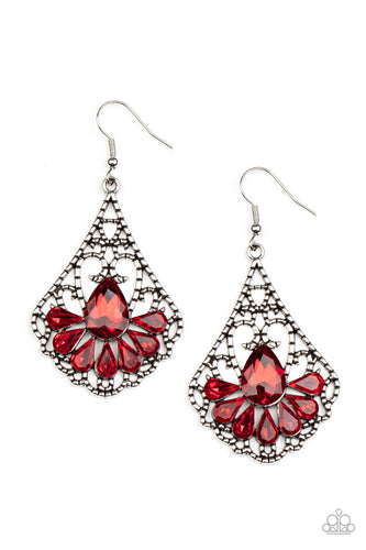 A sparkly collection of fiery red teardrop rhinestones fan out across the bottom of a textured filigree filled teardrop frame, creating an elegant centerpiece. Earring attaches to a standard fishhook fitting. 