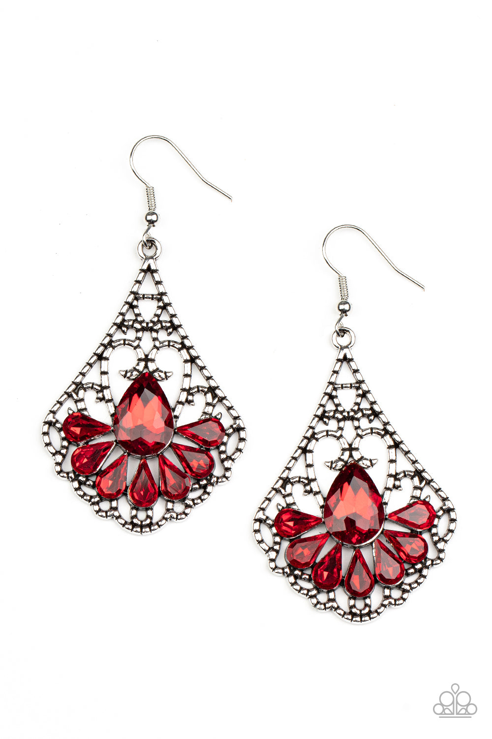 A sparkly collection of fiery red teardrop rhinestones fan out across the bottom of a textured filigree filled teardrop frame, creating an elegant centerpiece. Earring attaches to a standard fishhook fitting. 