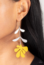 Load image into Gallery viewer, Painted in the lively Pantone® of Primrose, a fun metal palm leaf cut-out sways below two fanciful silver leaves separated by simple silver rods for a whimsical lure. Earring attaches to a standard fishhook fitting.
