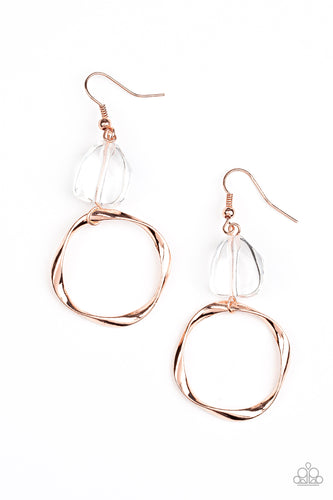 An imperfect crystal-like gem gives way to a twisted shiny copper hoop, resulting in a refined asymmetrical display. Earring attaches to a standard fishhook fitting.