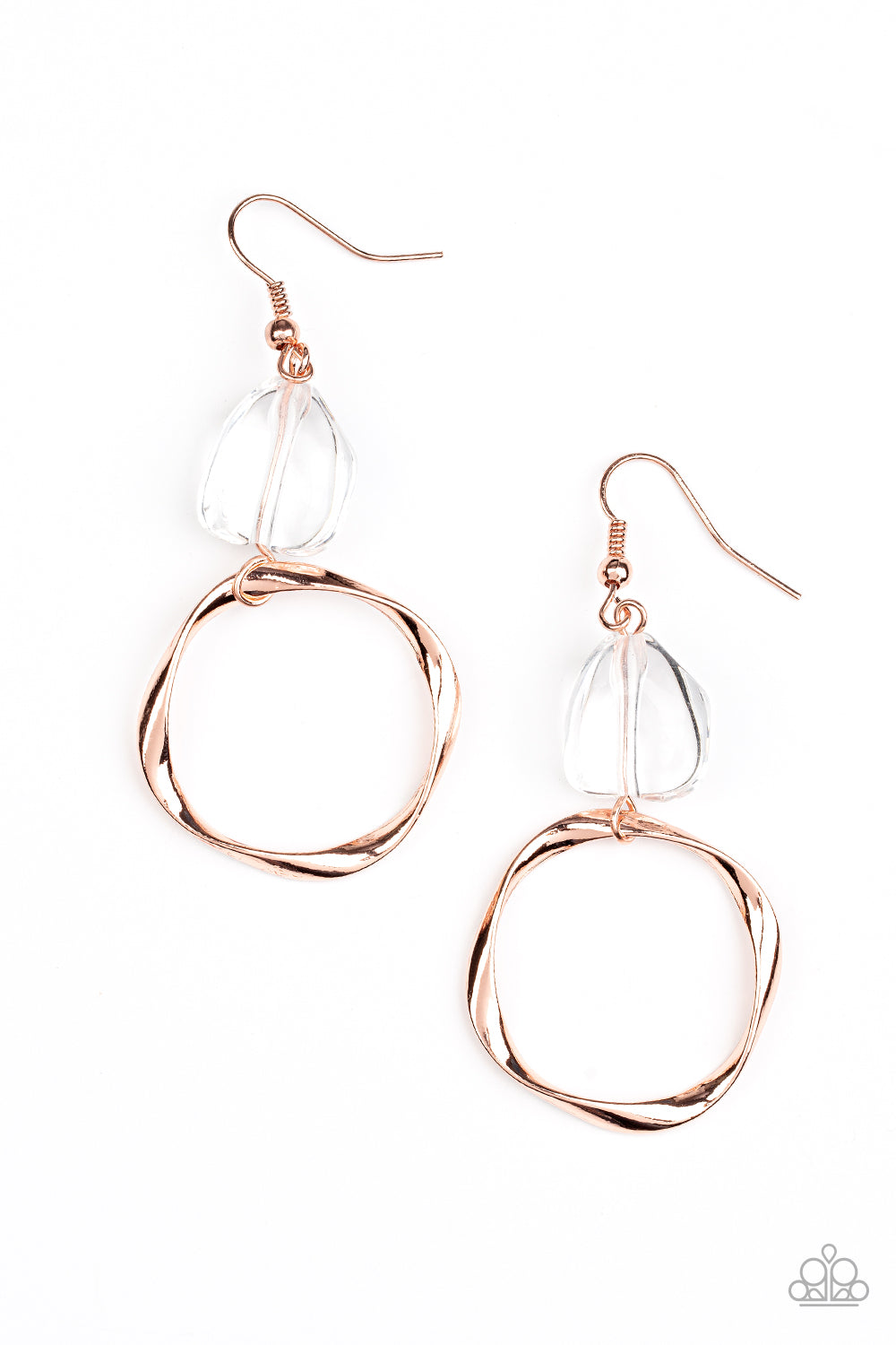 An imperfect crystal-like gem gives way to a twisted shiny copper hoop, resulting in a refined asymmetrical display. Earring attaches to a standard fishhook fitting.