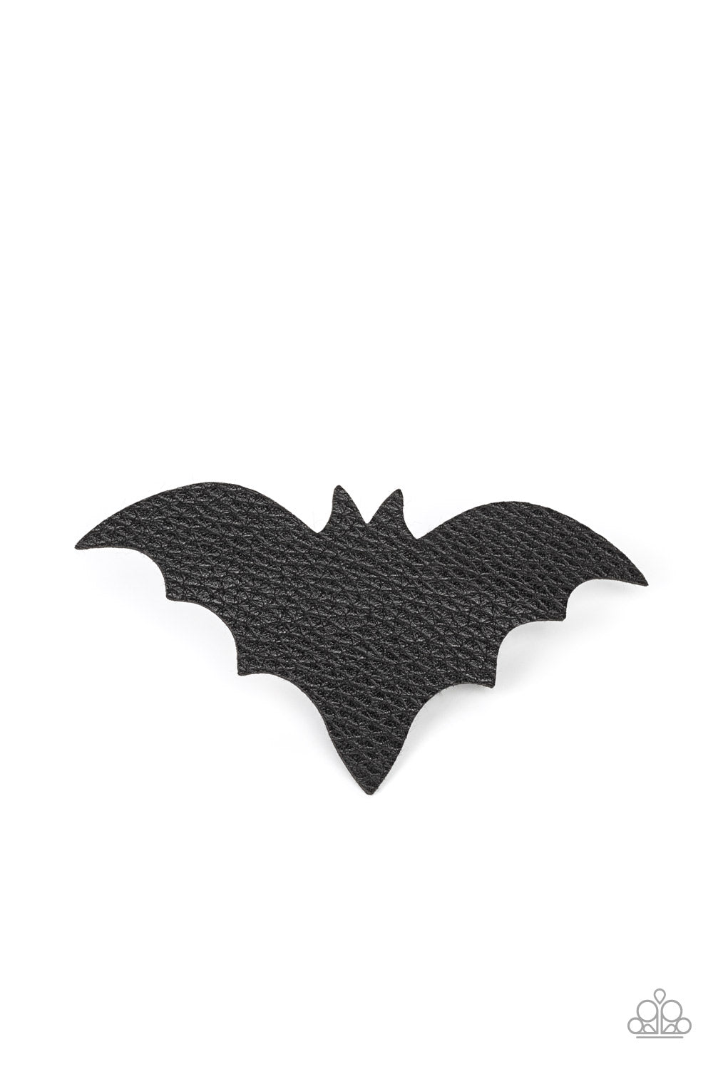 A black leather bat silhouette seemingly takes flight as it sits atop a silver clip creating an eerie illusion. Features a standard hair clip on the back.