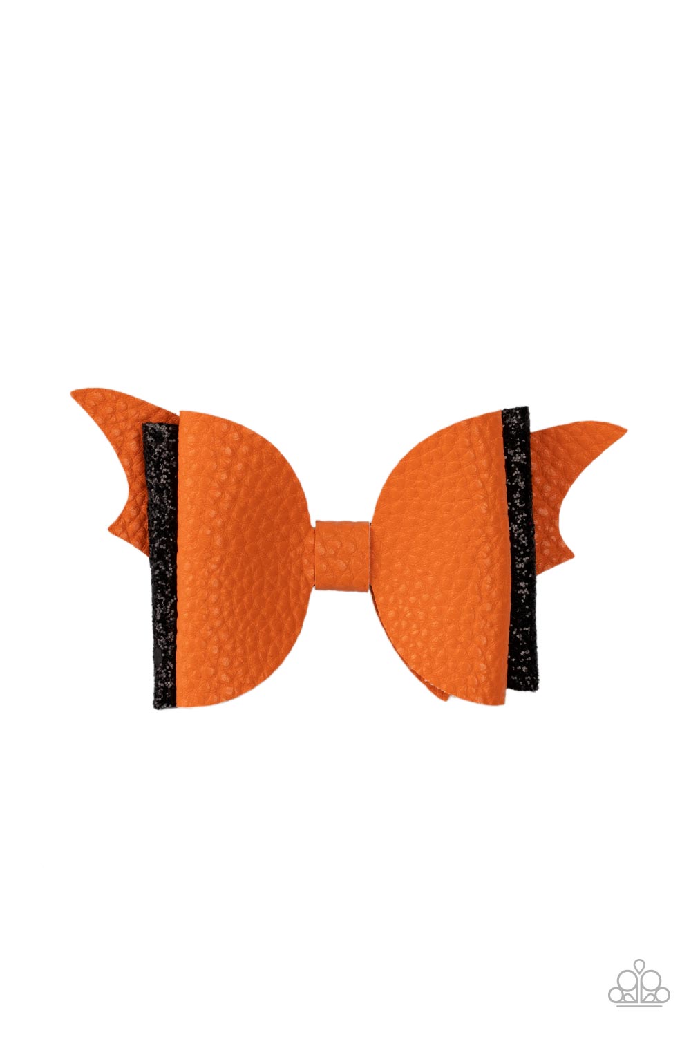 A soft orange leather bow and a sparkling black bow pair up to create a SPOOK-tacular impact over the silhouette of orange bat wings. Features a standard hair clip on the back. 