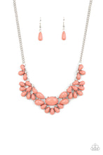 Load image into Gallery viewer, Teardrop Pale Rosette beads fan out from the bottoms of solitaire white rhinestones as they link below the collar, creating whimsically stacked frames. Featuring an oval center, oversized teardrop beads flare out from the centermost frame for a flirtatiously floral finish. Features an adjustable clasp closure. 

