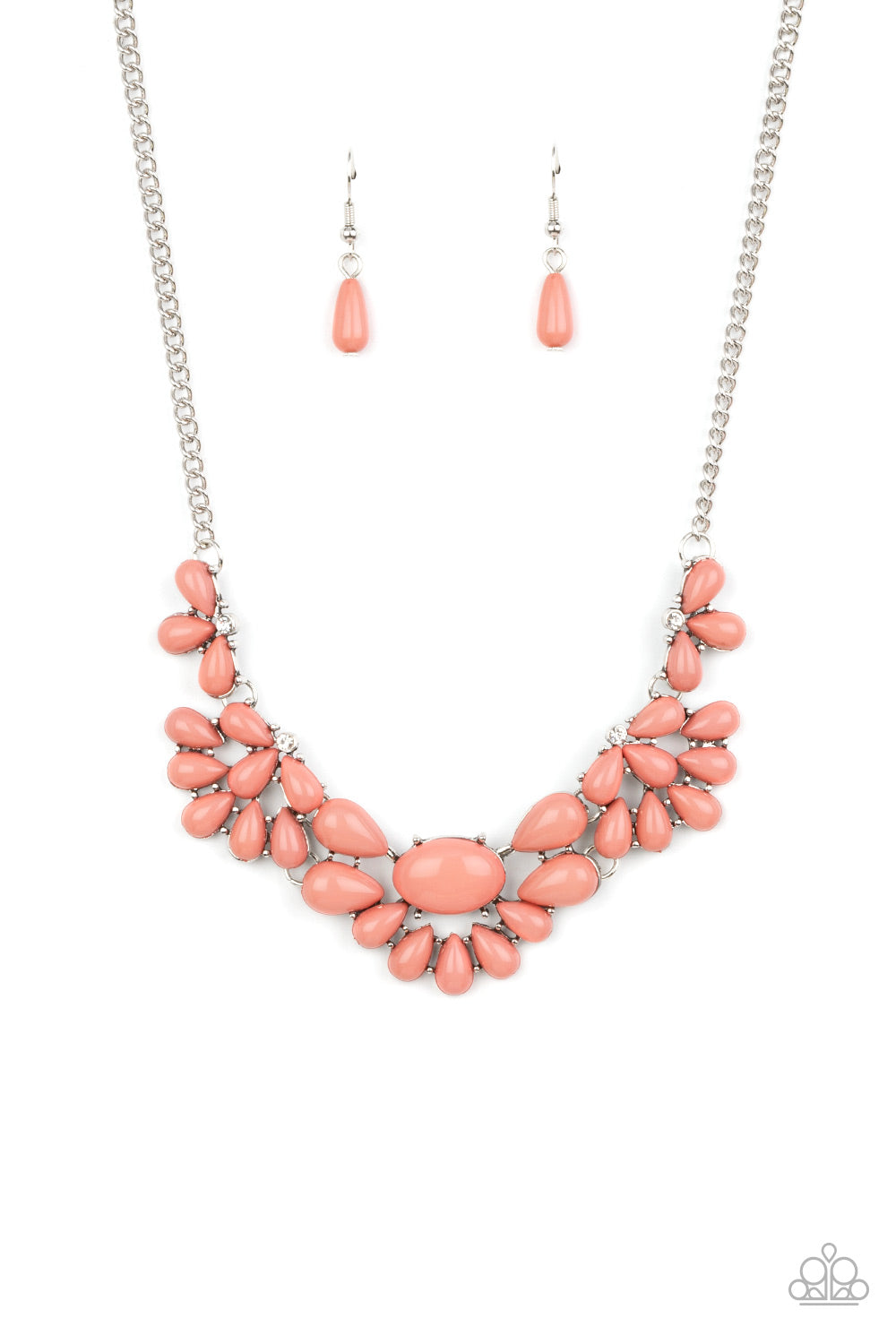 Teardrop Pale Rosette beads fan out from the bottoms of solitaire white rhinestones as they link below the collar, creating whimsically stacked frames. Featuring an oval center, oversized teardrop beads flare out from the centermost frame for a flirtatiously floral finish. Features an adjustable clasp closure. 