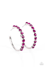 Load image into Gallery viewer, The front of a bold silver hoop is encrusted in flamboyant Fuchsia Fedora rhinestones, creating a glamorous pop of sparkle. Earring attaches to a standard post fitting. Hoop measures approximately 1 3/4&quot; in diameter. 
