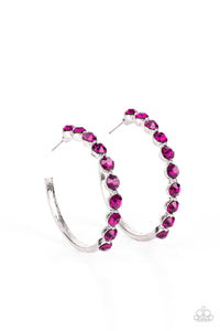 The front of a bold silver hoop is encrusted in flamboyant Fuchsia Fedora rhinestones, creating a glamorous pop of sparkle. Earring attaches to a standard post fitting. Hoop measures approximately 1 3/4" in diameter. 