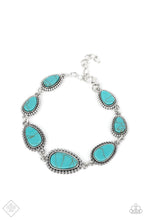 Load image into Gallery viewer, Encased in frames of flattened silver studs, pieces of flat turquoise stone teardrops gradually increase in size as they link around the wrist for an artisan-inspired look. Features an adjustable clasp closure.  Sold as one individual bracelet.
